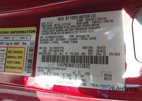 2015 Ford Mustang V6 from USA, damaged, VIN 1FATP8EMXF5352832